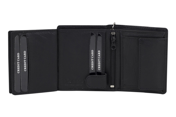 EAS Biker Mini Geldbörse mit Riegel und Kette extra dünn im Hochformat, flaches Portemonnaie mit RFID Schutz Folie mit Geschenk Box Echt-Leder, schwarz